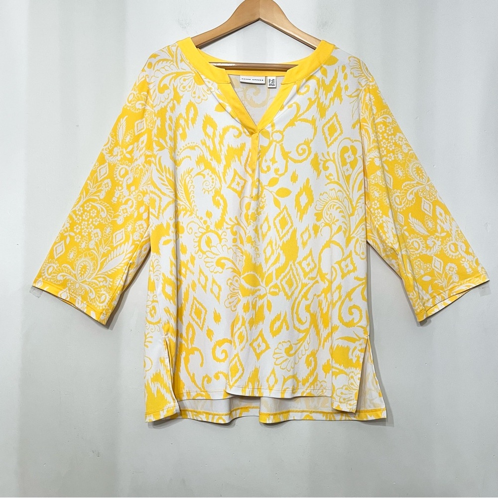 Susan Graver Liquid Knit Tunic Top 3/4 Sleeve Artsy Geometric Scroll 1X P